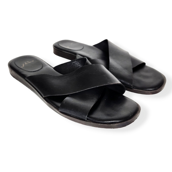 J. Crew Shoes - J. Crew Gretchen Cross-Strap Black Leather Slip On Sandals Shoes Women's Size 9